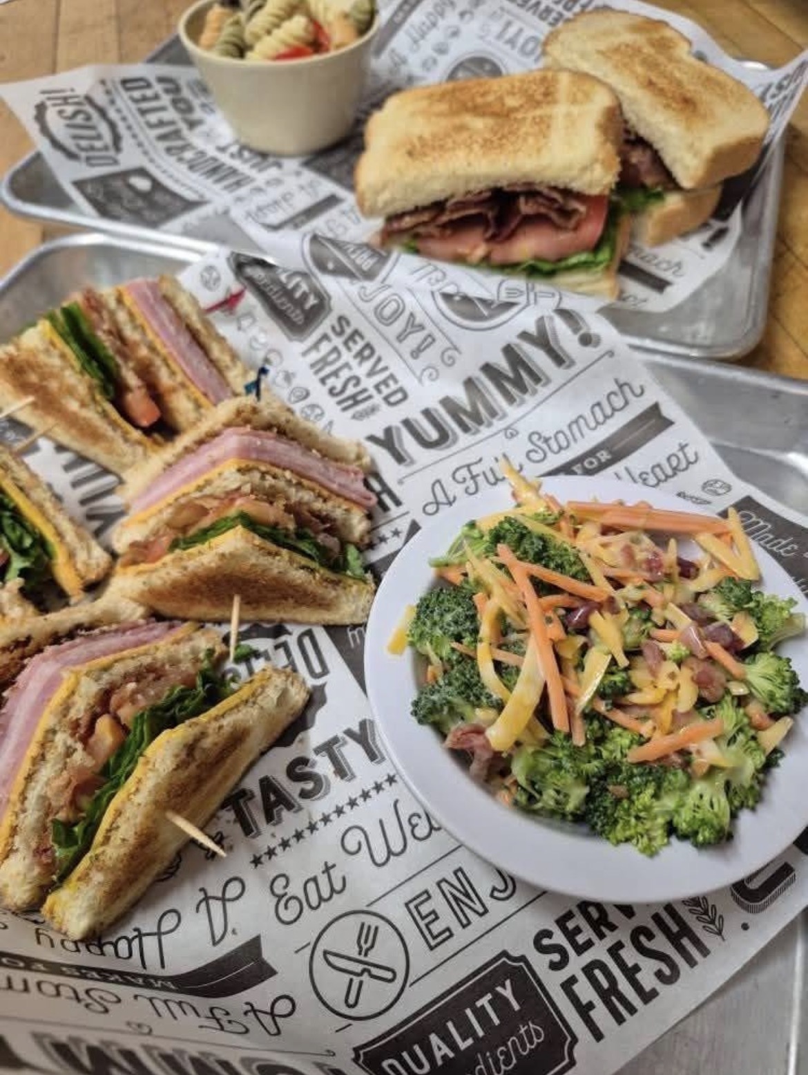Club sandwich and broccoli salad